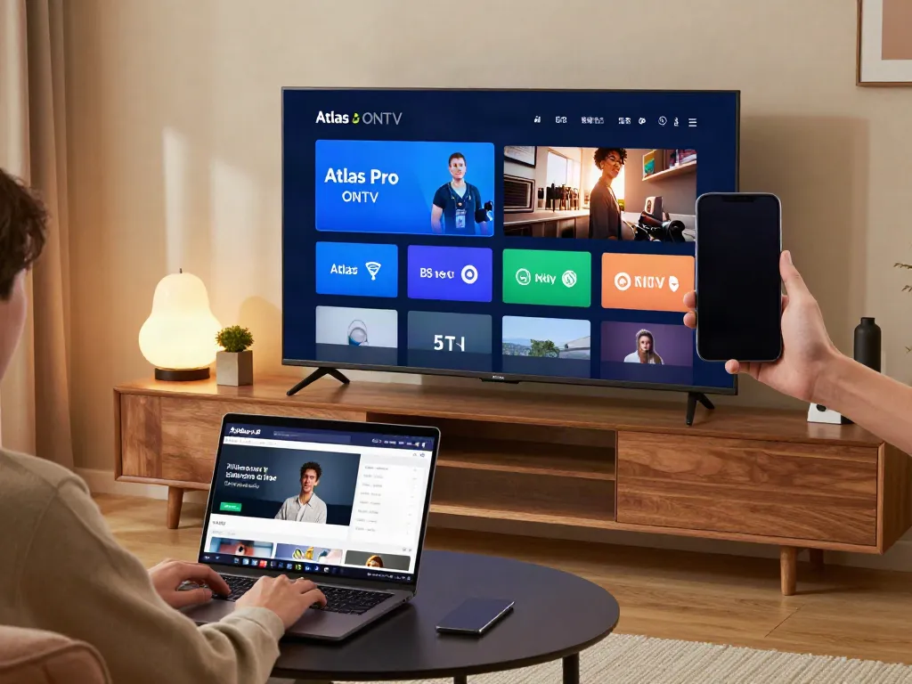 Utilisateur de l'application Atlas Pro ONTV sur plusieurs appareils dans un salon moderne.