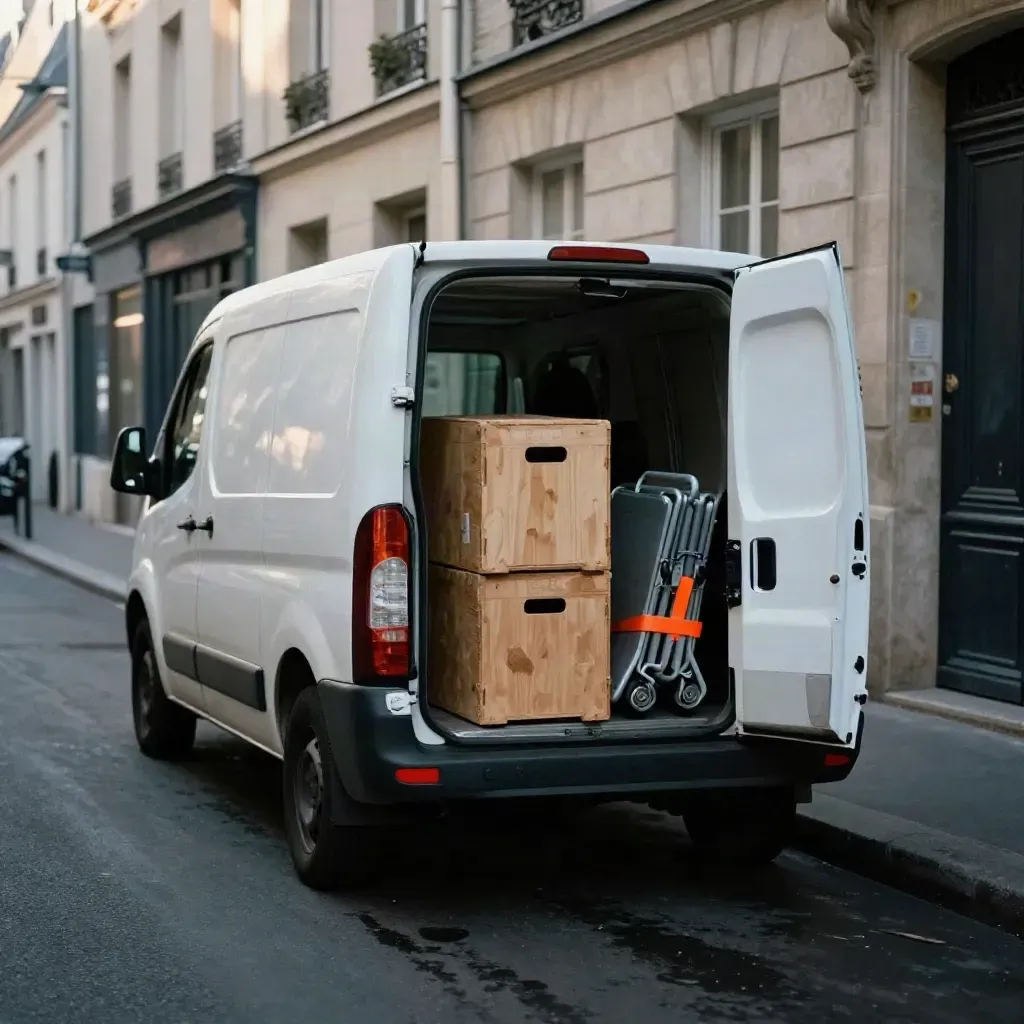 Petit utilitaire blanc devant une façade étroite, avec caisses et diable pliant.