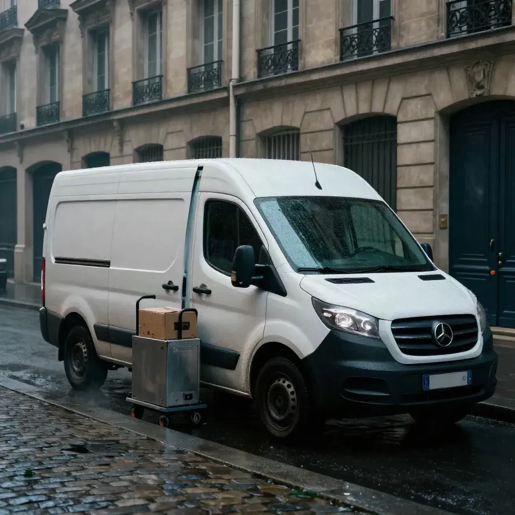 Fourgon blanc dans une rue parisienne humide à l’aube, porte ouverte et cartons prêts à charger.
