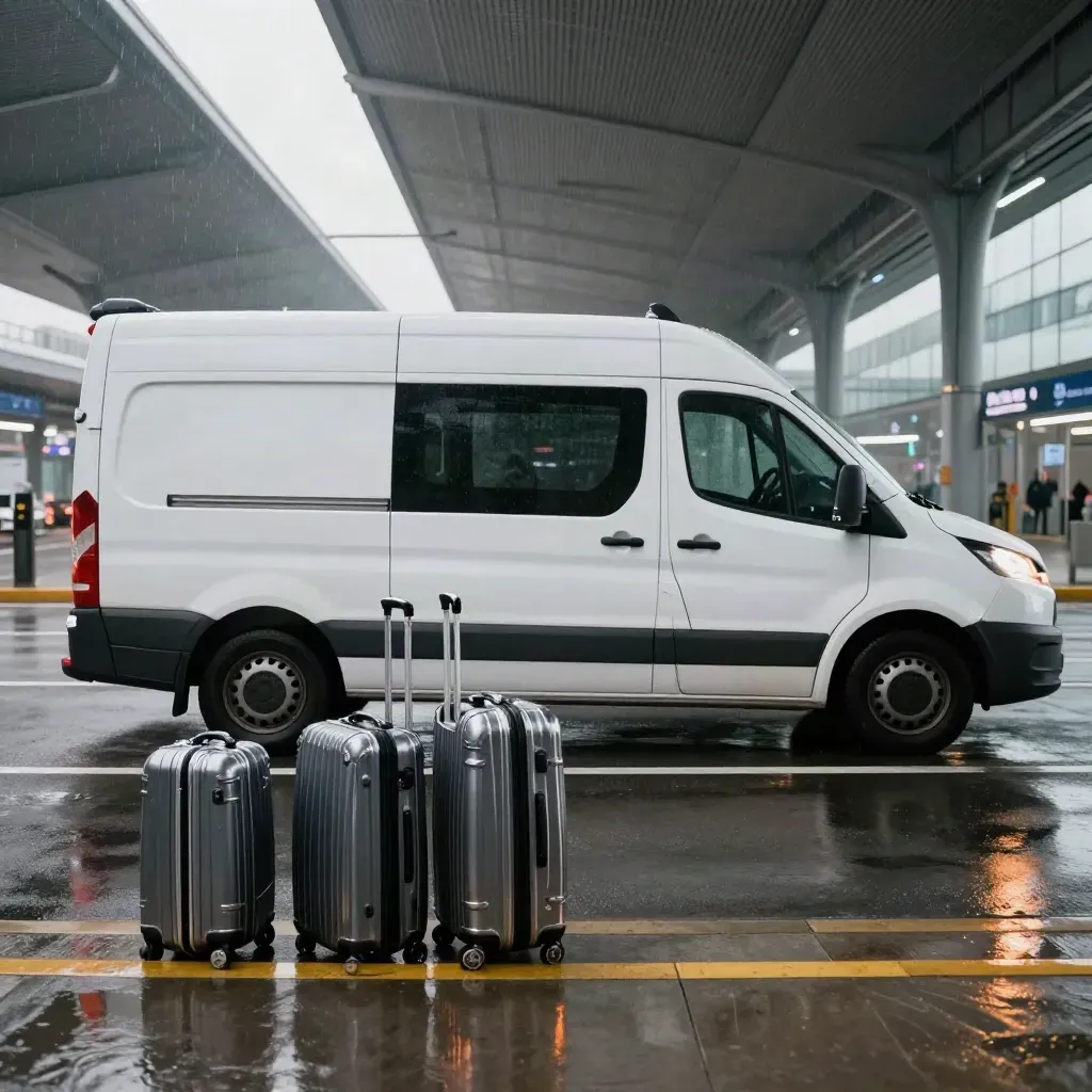 Navette aéroport blanche immaculée sous un auvent, valises et chariot, sol humide et reflets.
