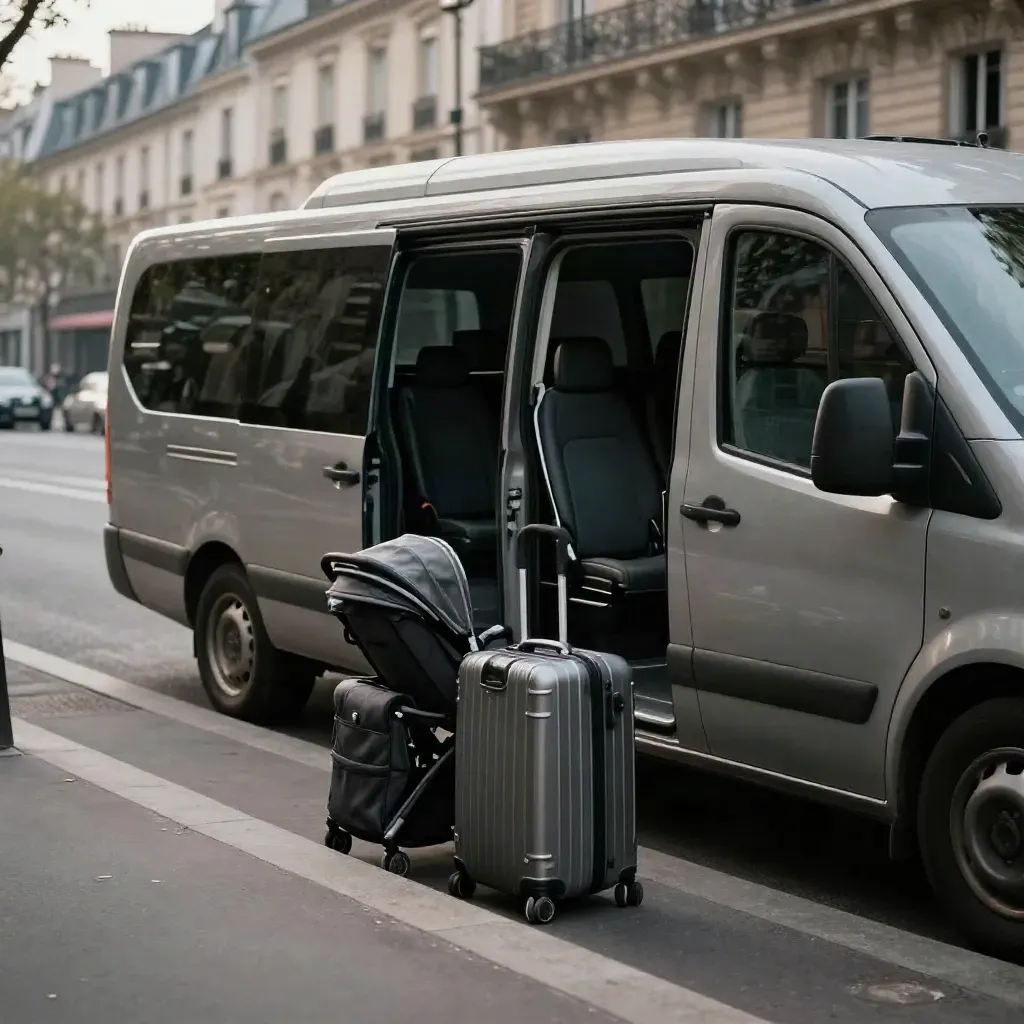 Minibus gris clair ouvert avec deux valises et une poussette près du trottoir, boulevard parisien.