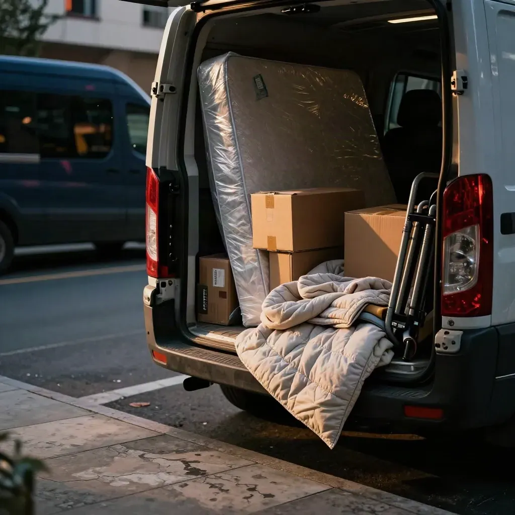 Fourgon de déménagement haut de toit, cartons et matelas emballé au seuil d’un immeuble.