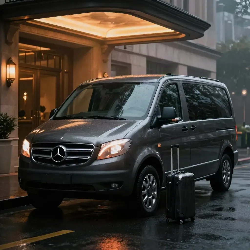Van chauffeur sombre devant un porche d’hôtel, valise cabine, sol mouillé et lumière chaude.