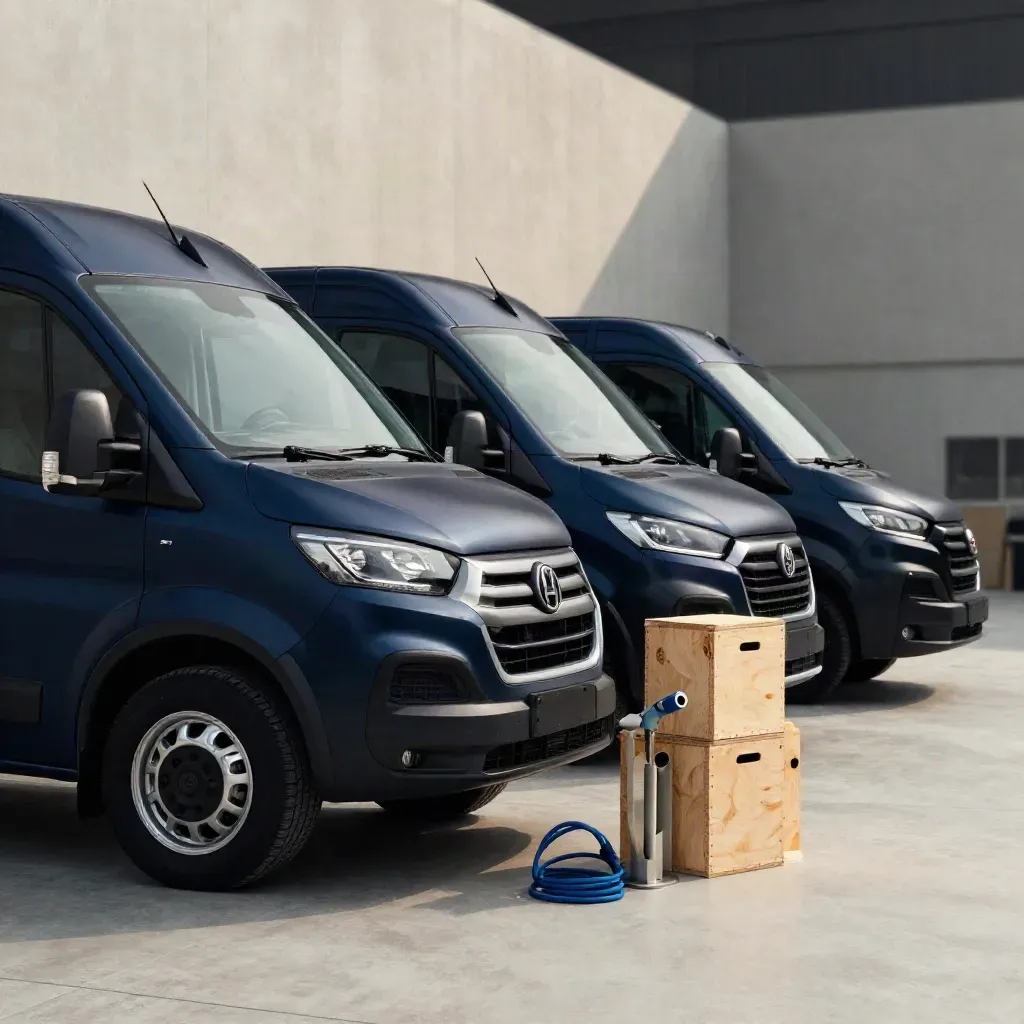Trois vans d’entreprise bleu nuit alignés avec caisses de tournée, support de clés et câble enroulé.