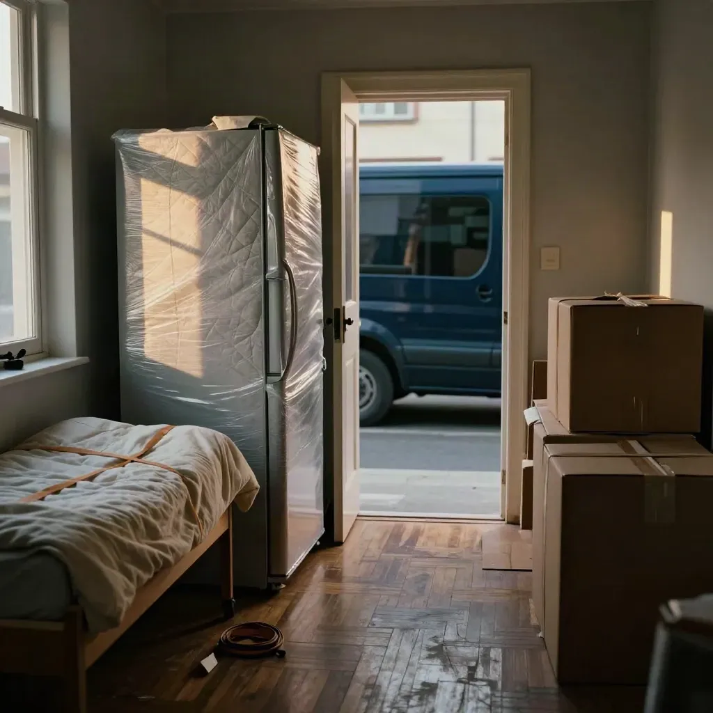 Studio vidé avec frigo emballé, lit démonté et fourgon bleu nuit au bout du couloir.