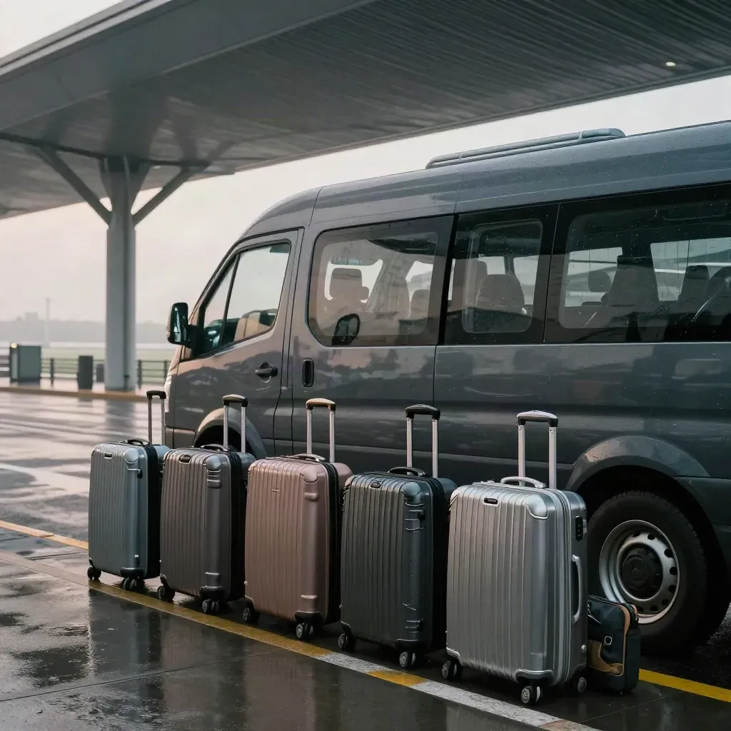 Minibus d’aéroport sous l’auvent avec six valises alignées au lever du jour.