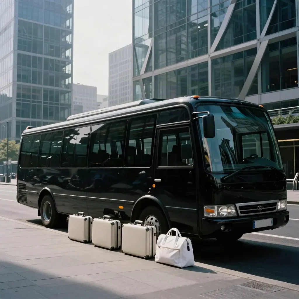 Minibus noir et mallettes blanches sous La Défense, scène prête au départ.