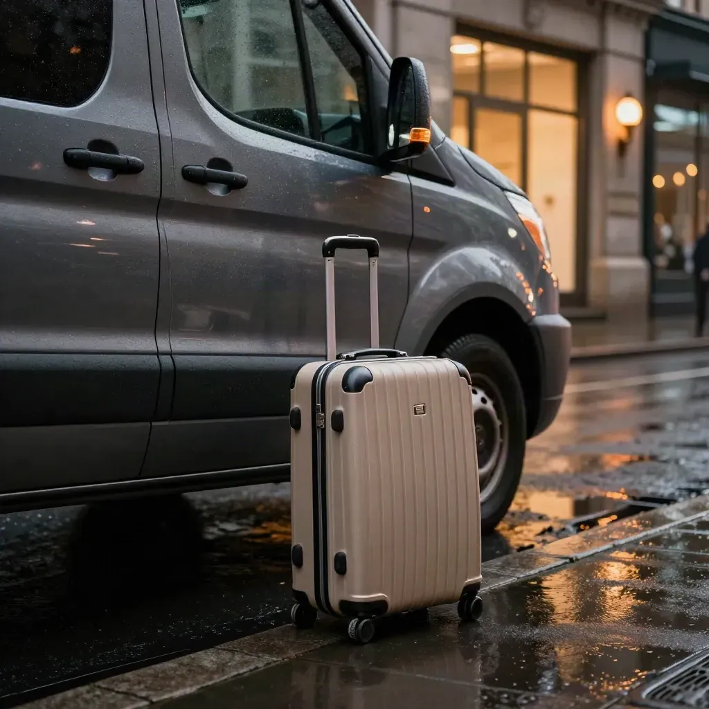 Van chauffeur sombre devant une sortie de soirée, valise cabine, trottoir mouillé et reflets urbains.
