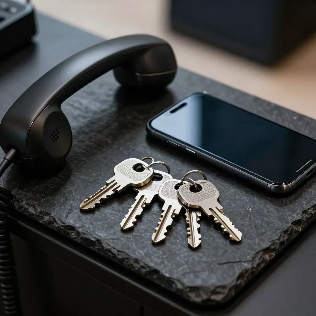 Téléphone, smartphone, clés de flotte et chargeur sur pierre noire, vue macro.