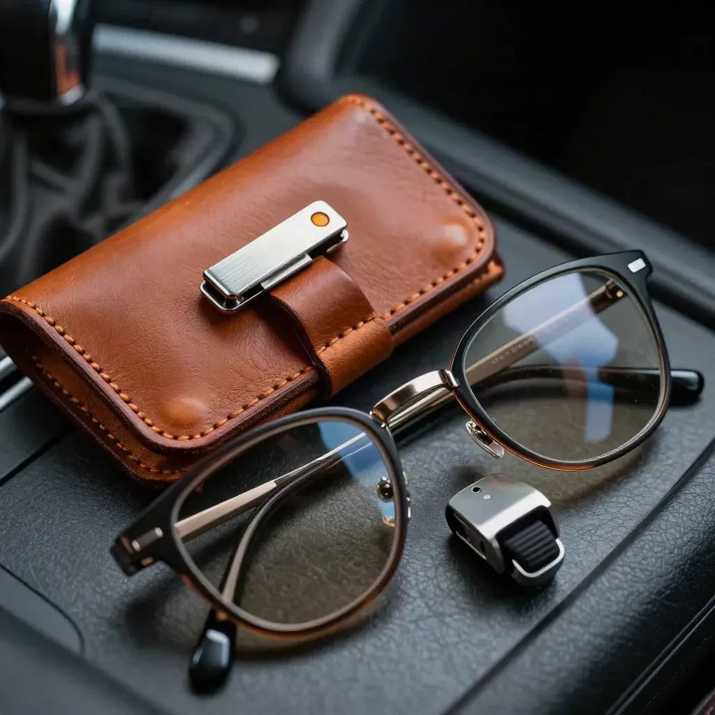 Accessoires de chauffeur en cuir et métal sur pierre sombre, vus de dessus en macro.