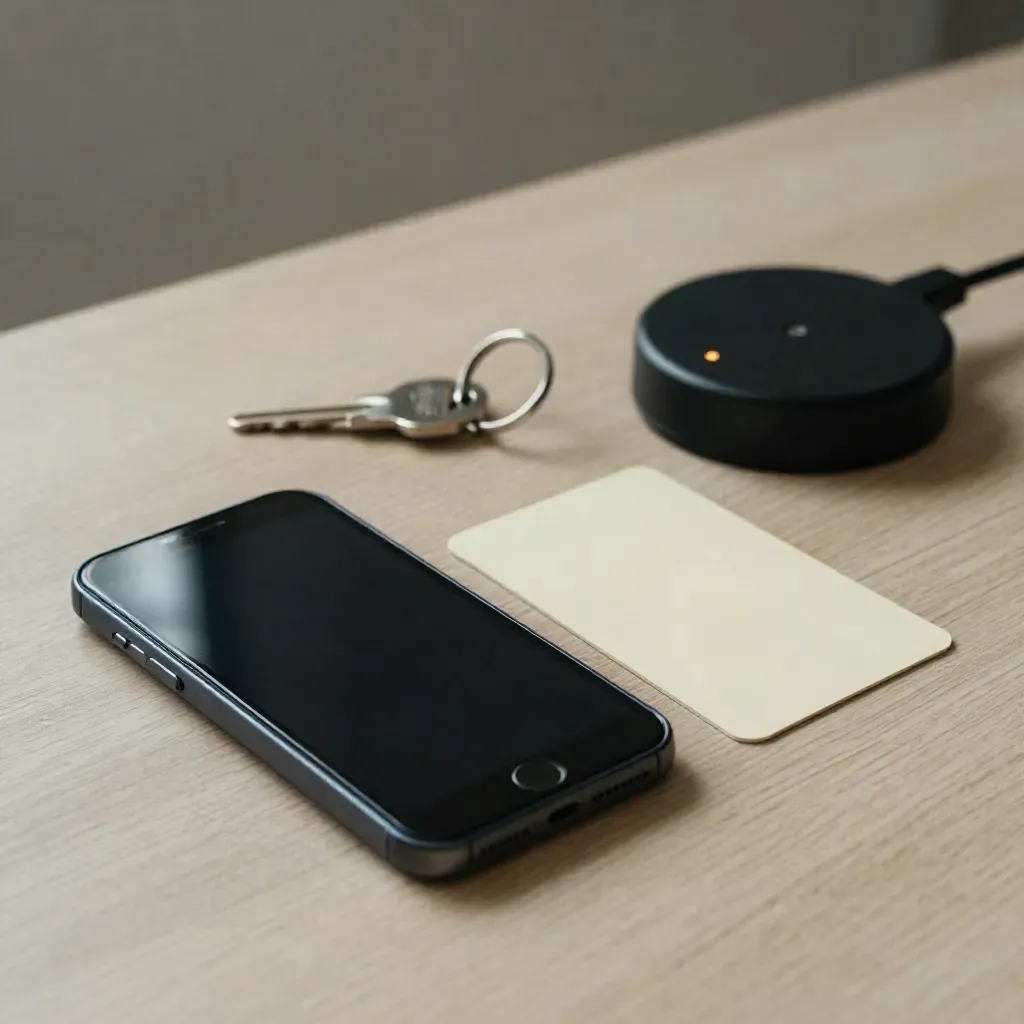 Smartphone noir, carte neutre, anneau de clé et base de charge sur bois pâle, lumière douce.