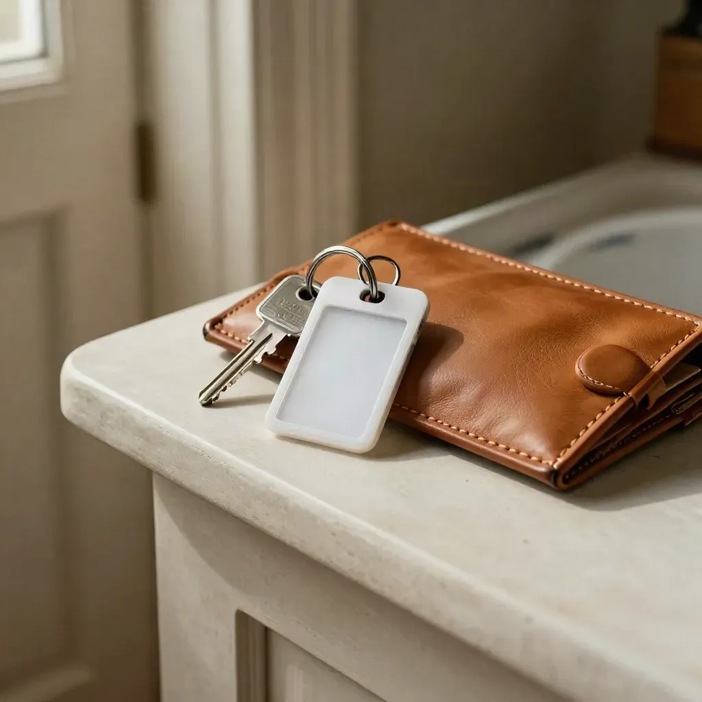 Porte-clés de van, badge vierge et pochette en cuir sur une console d’entrée claire.