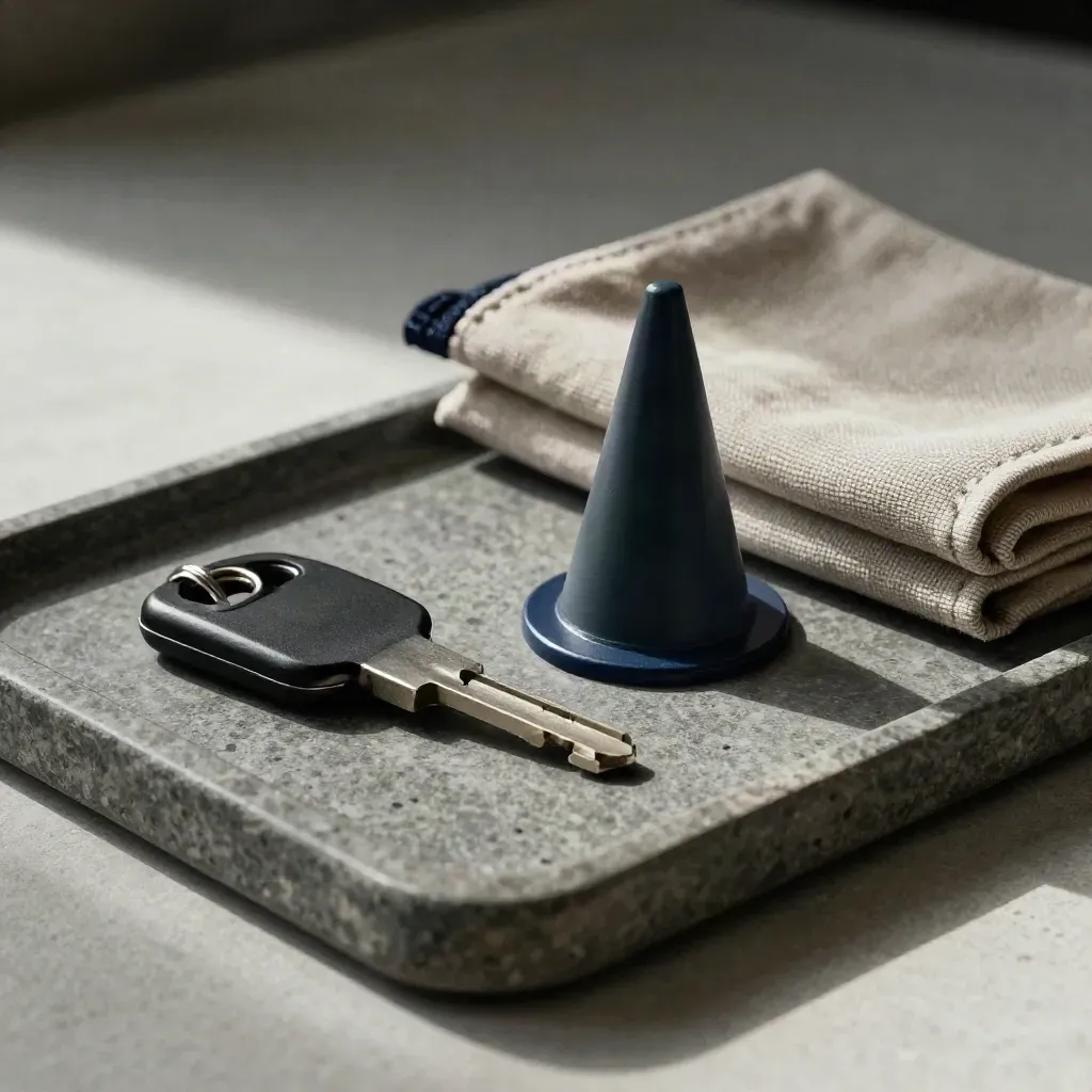 Clé de contact, cône miniature et pochette en toile sur un plateau minéral.
