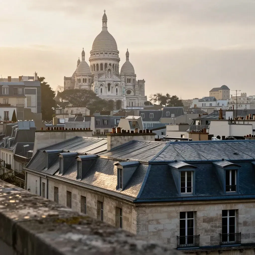 Paris vu depuis Montmartre, Sacré-Cœur haut, toits d’ardoise et brume dorée