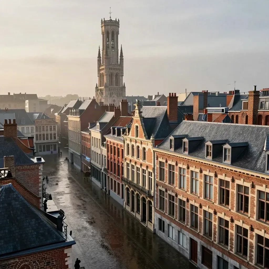 Vue de Lille avec son beffroi, façades flamandes et grande place vide après la pluie.