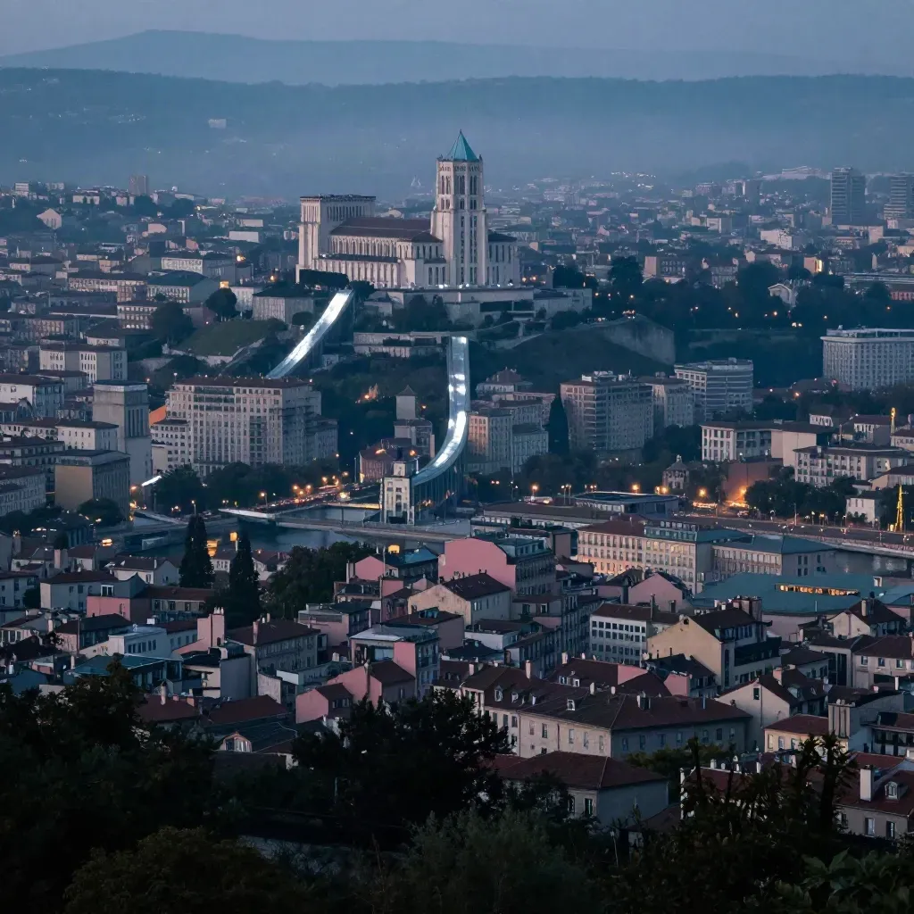 Lyon au crépuscule vu d’une colline, Fourvière haut dans le cadre et la Saône en contrebas