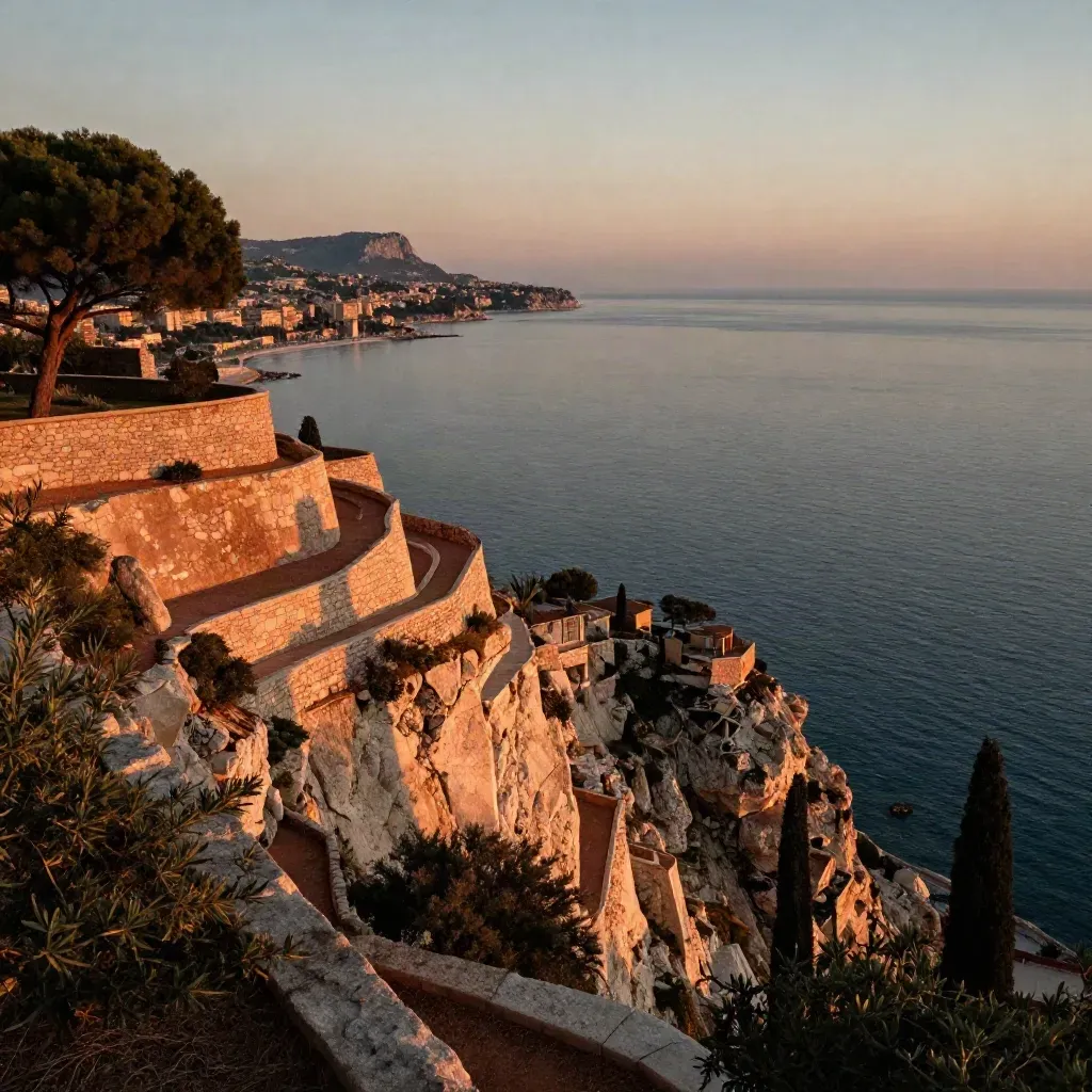 Vue dorée de la côte de Nice depuis un promontoire, mer lisse et reliefs méditerranéens